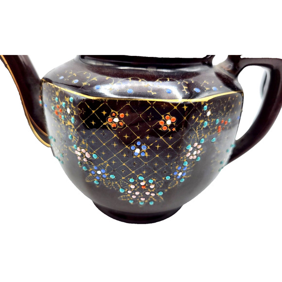 Vtg Hand Painted Teapot Redware Japan Moriage Brown Orange Blue Gold Trim 6.5x8 - Picture 3 of 14